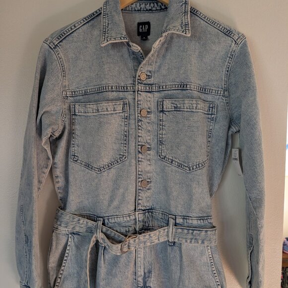 NWT GAP Stonewashed Denim Jumpsuit Belted Long Sleeve Light Jean Women's Size‎ 8 - Picture 11 of 16